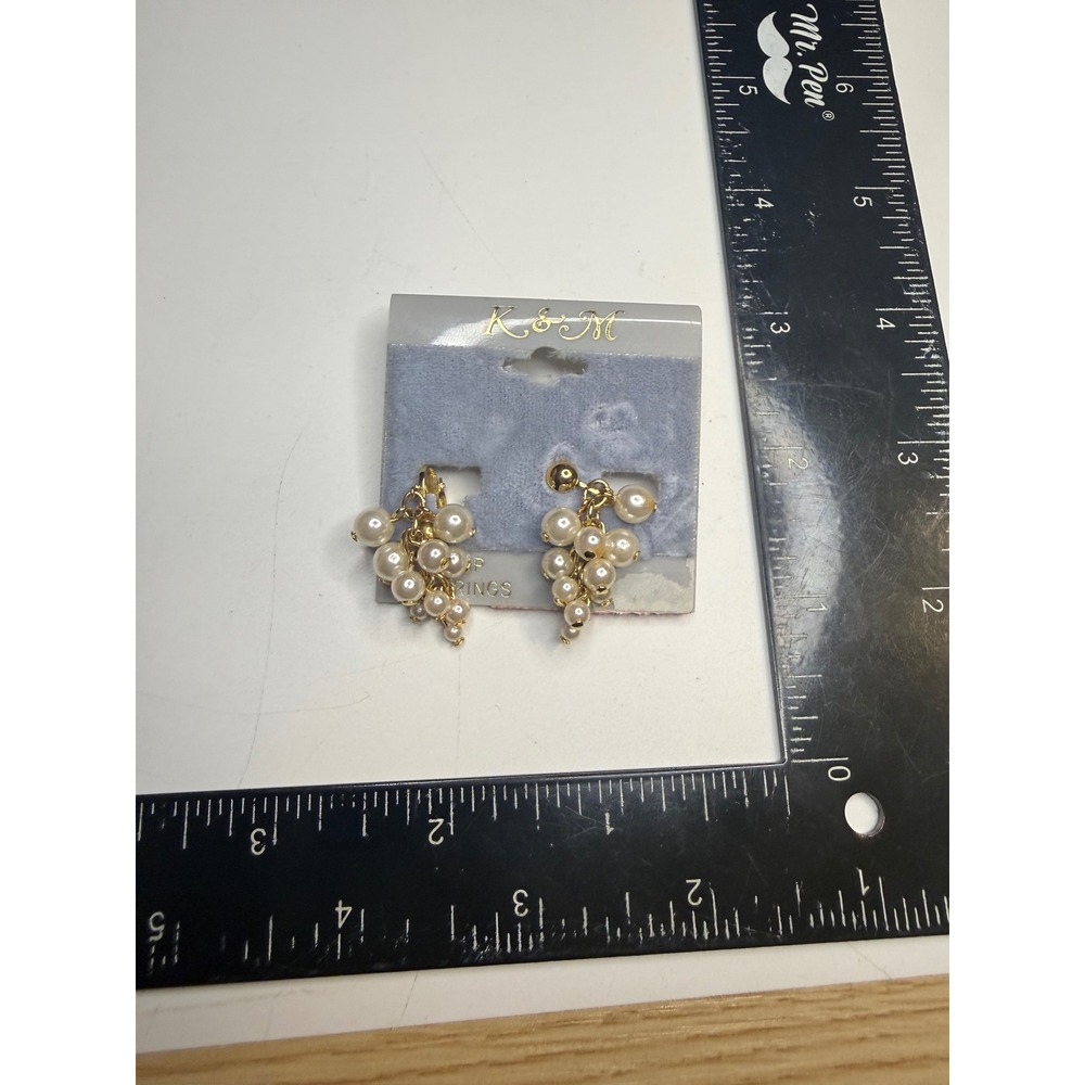 K&M Faux Pearl Cluster Clip On Earrings Gold Tone Grape Dangle New